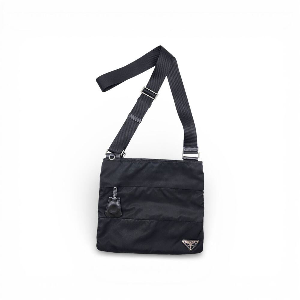 Prada Unisex Triangle Logo Nylon and Leather Crossbody Shoulder Bag Black